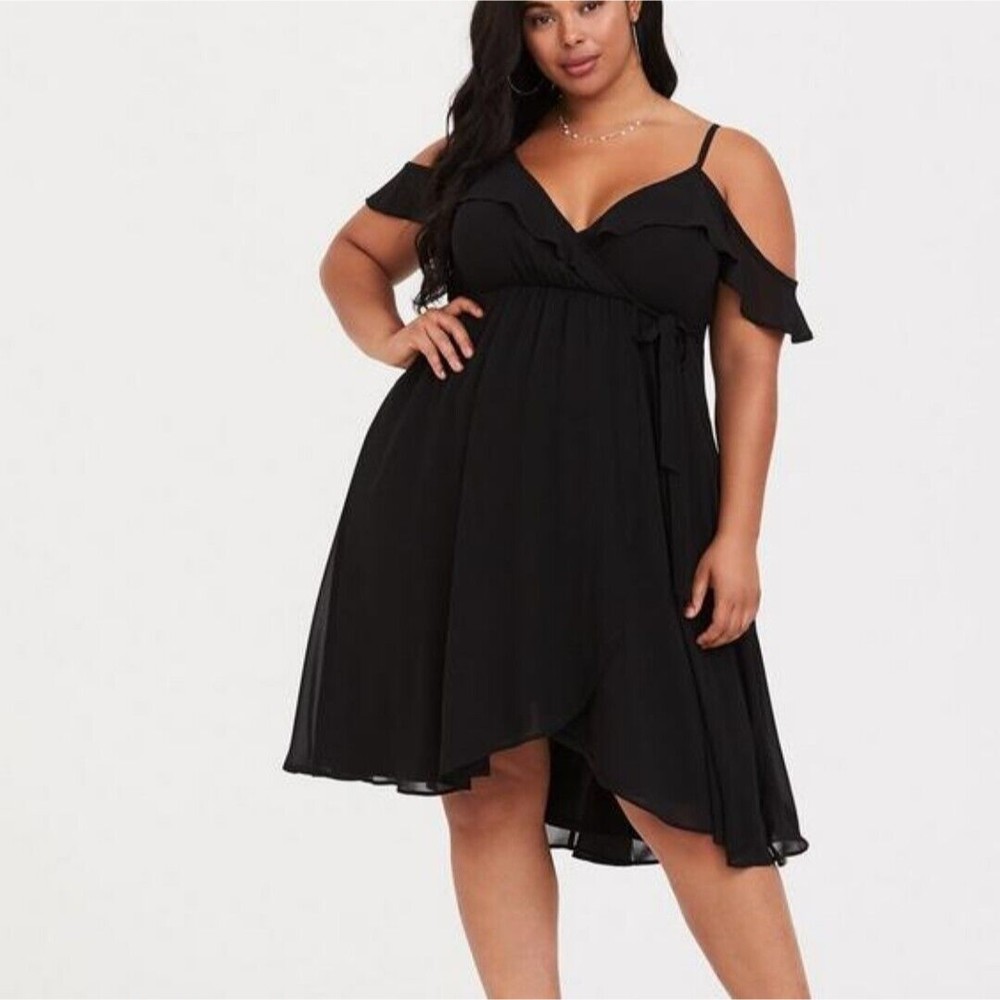 Torrid Mini Chiffon Wrap Dress Black Sz 2X Cold Shoulder Ruffle